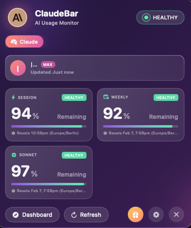 ClaudeBar macOS menu bar app displaying Claude Code session count and weekly token limit
