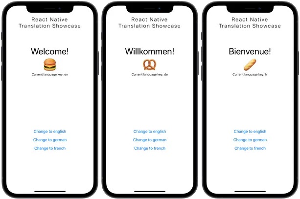 App demo showing translations in English, German, and French